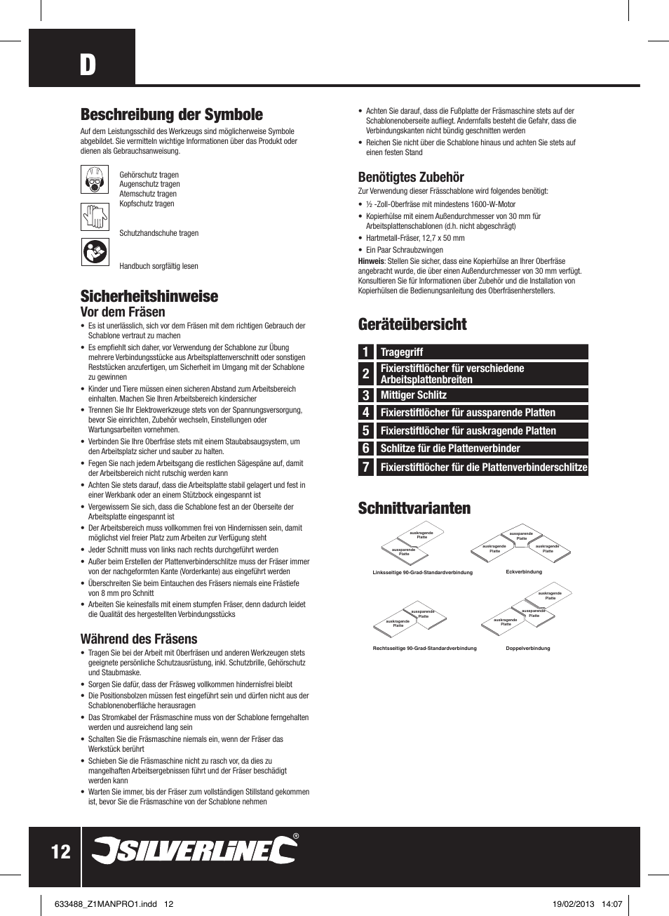 Sicherheitshinweise, Geräteübersicht schnittvarianten, Beschreibung der symbole | Vor dem fräsen, Während des fräsens, Benötigtes zubehör | Silverline Worktop Jig User Manual | Page 13 / 28