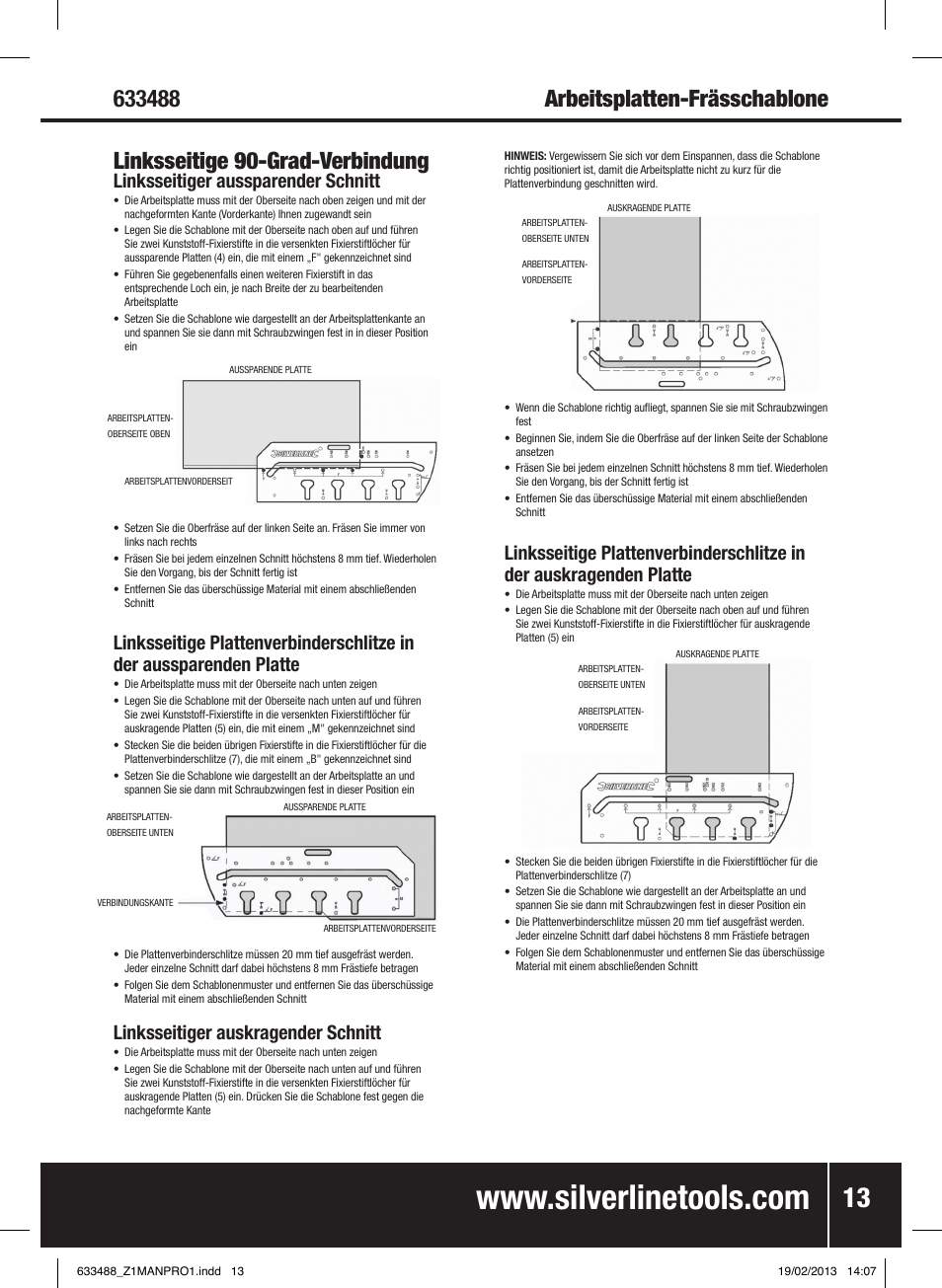 Linksseitige 90-grad-verbindung, Linksseitiger aussparender schnitt, Linksseitiger auskragender schnitt | Silverline Worktop Jig User Manual | Page 14 / 28