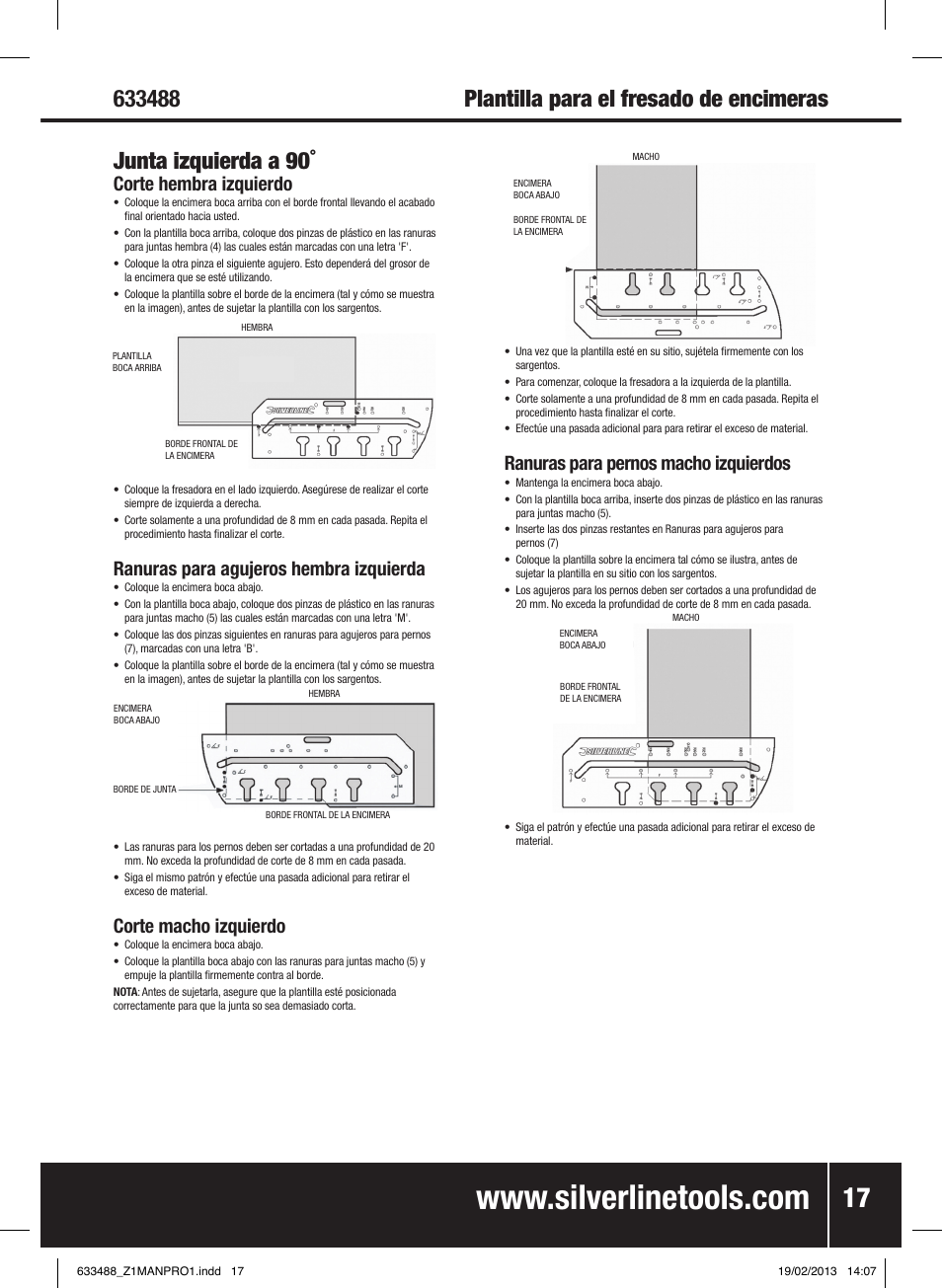 Junta izquierda a 90, Corte hembra izquierdo, Ranuras para agujeros hembra izquierda | Corte macho izquierdo, Ranuras para pernos macho izquierdos | Silverline Worktop Jig User Manual | Page 18 / 28