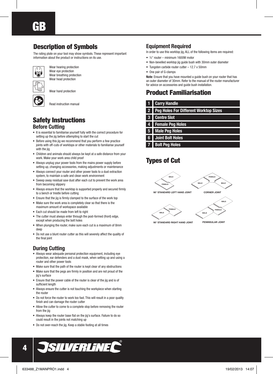 Safety instructions, Product familiarisation types of cut, Description of symbols | Before cutting, During cutting, Equipment required | Silverline Worktop Jig User Manual | Page 5 / 28