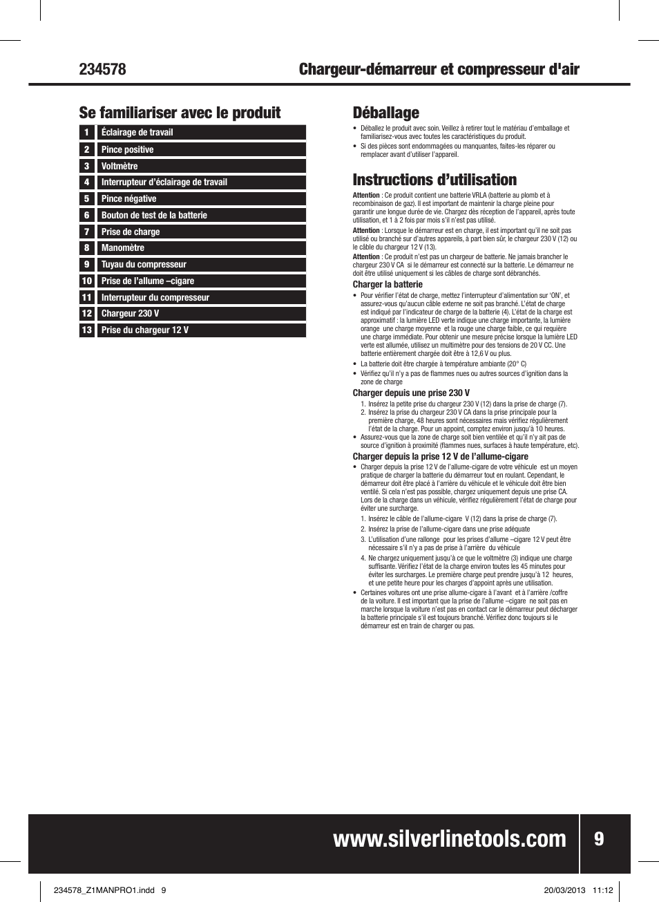 Instructions d’utilisation | Silverline Jump Starter & Air Compressor User Manual | Page 10 / 28