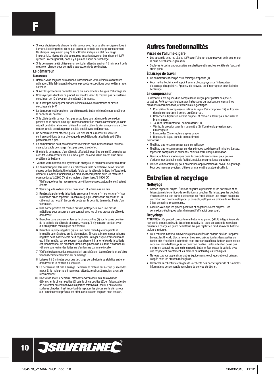 Autres fonctionnalités, Entretien et recyclage | Silverline Jump Starter & Air Compressor User Manual | Page 11 / 28
