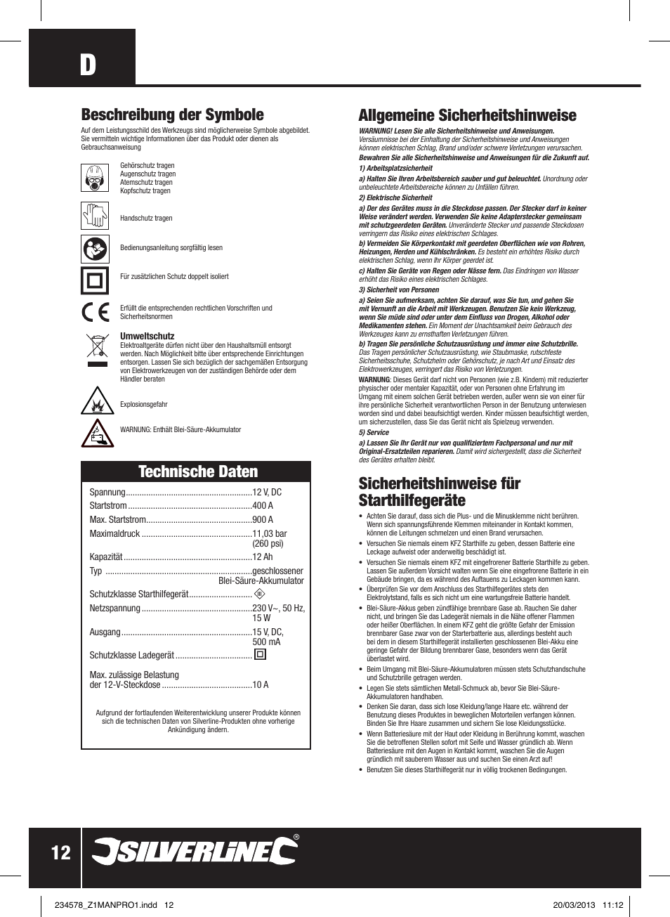 Allgemeine sicherheitshinweise, Sicherheitshinweise für starthilfegeräte, Technische daten | Beschreibung der symbole | Silverline Jump Starter & Air Compressor User Manual | Page 13 / 28