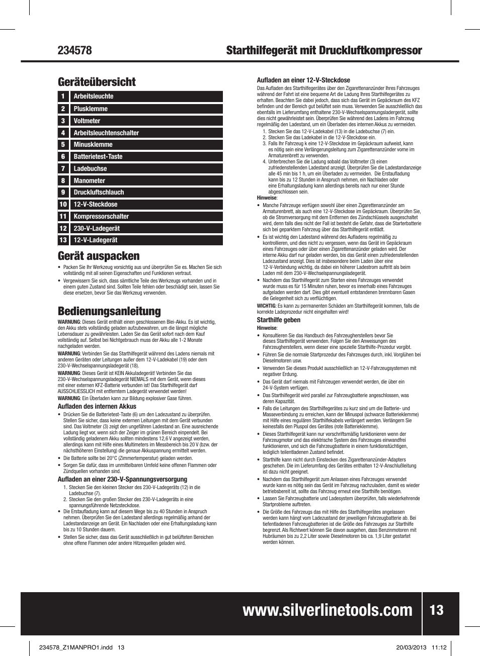 Gerät auspacken, Bedienungsanleitung | Silverline Jump Starter & Air Compressor User Manual | Page 14 / 28