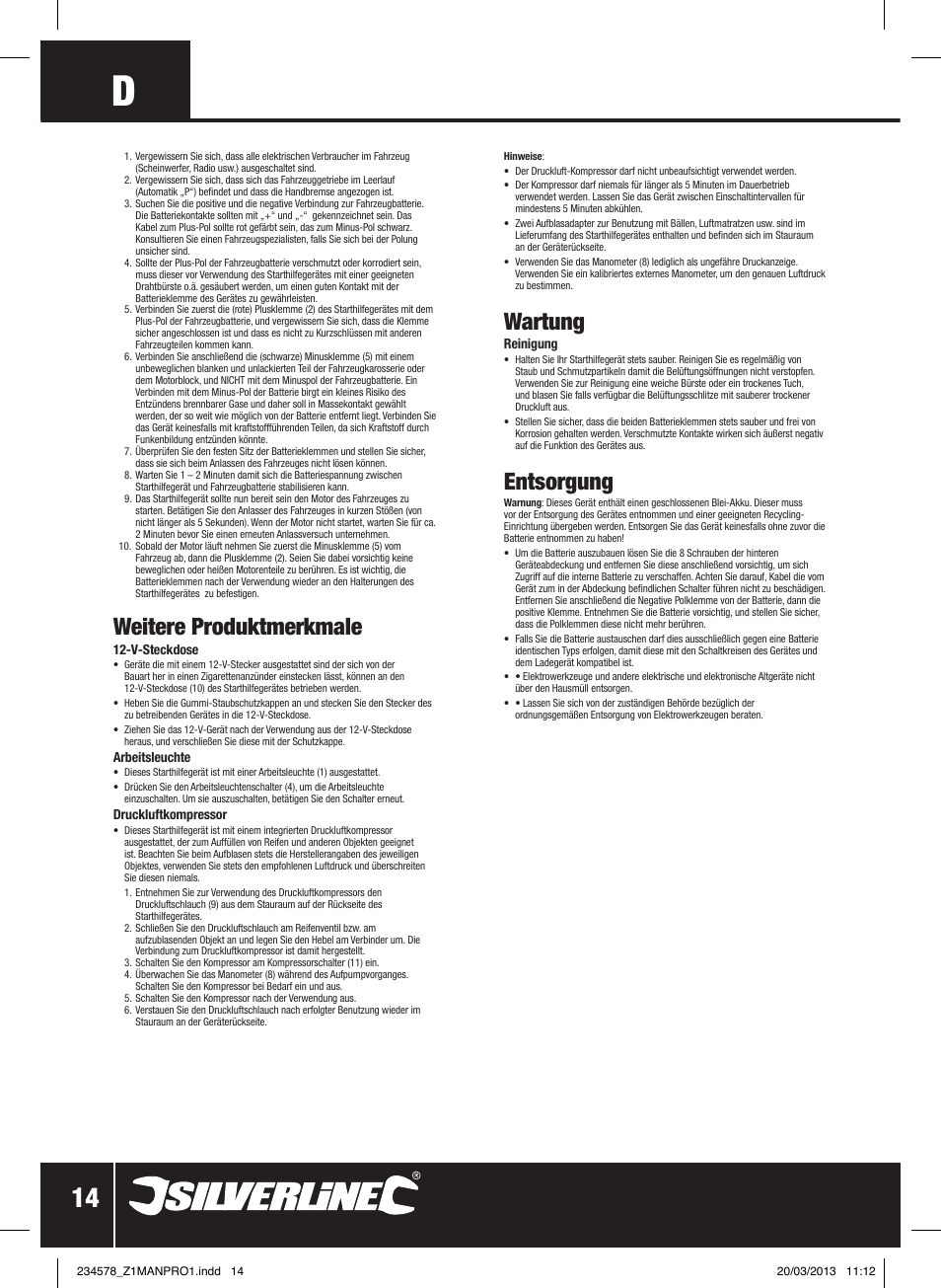 Wartung, Entsorgung, Weitere produktmerkmale | Silverline Jump Starter & Air Compressor User Manual | Page 15 / 28