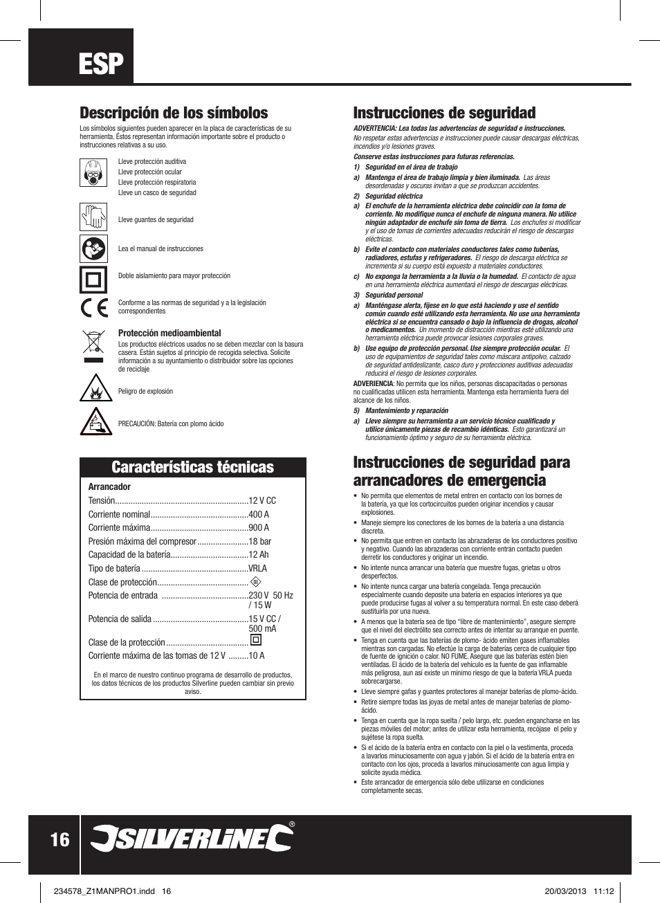 Instrucciones de seguridad, Características técnicas, Descripción de los símbolos | Silverline Jump Starter & Air Compressor User Manual | Page 17 / 28