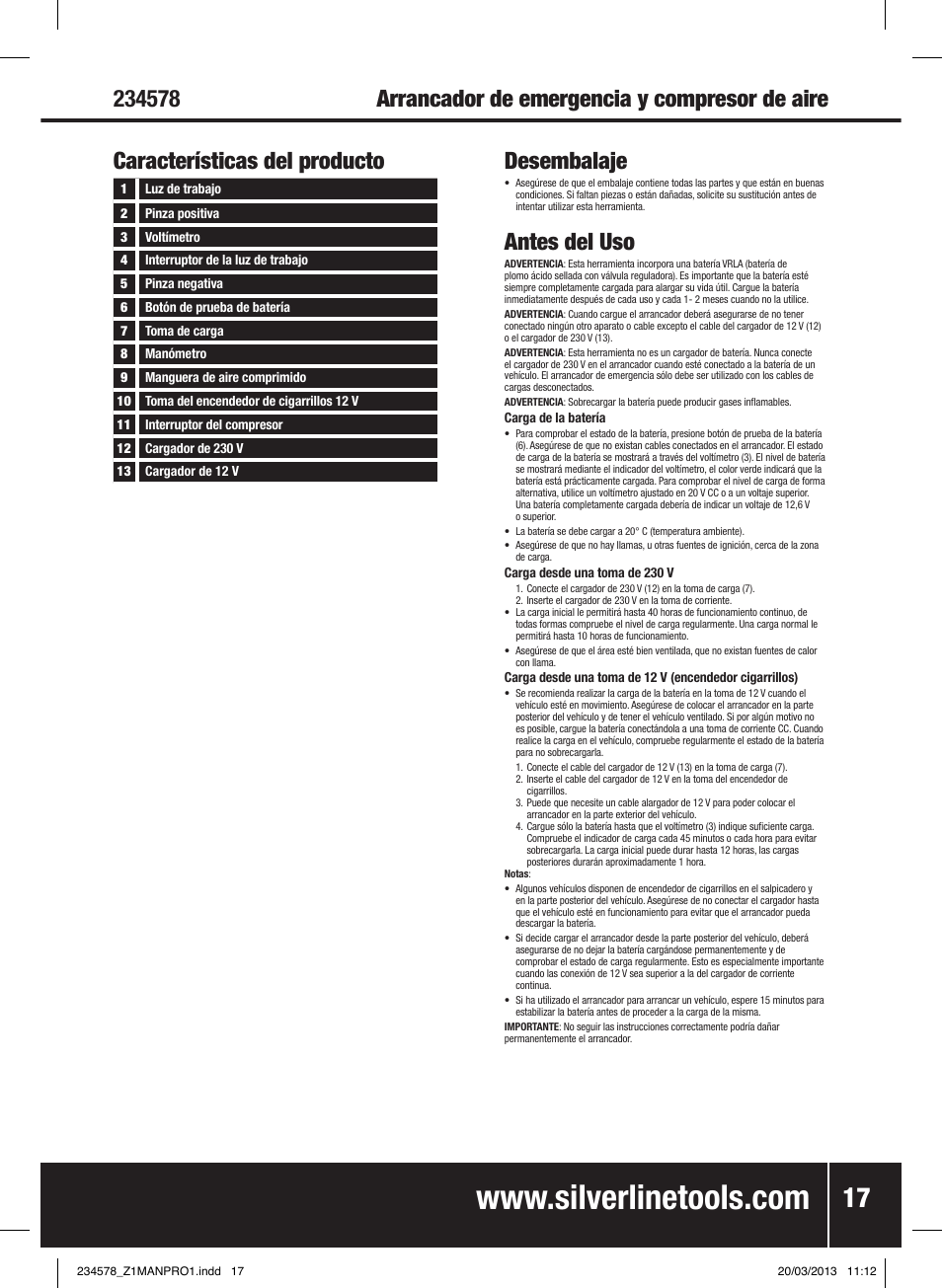 Desembalaje, Antes del uso | Silverline Jump Starter & Air Compressor User Manual | Page 18 / 28