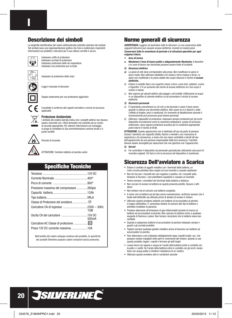 Norme generali di sicurezza, Sicurezza dell’avviatore a scarica, Specifiche tecniche | Descrizione dei simboli | Silverline Jump Starter & Air Compressor User Manual | Page 21 / 28