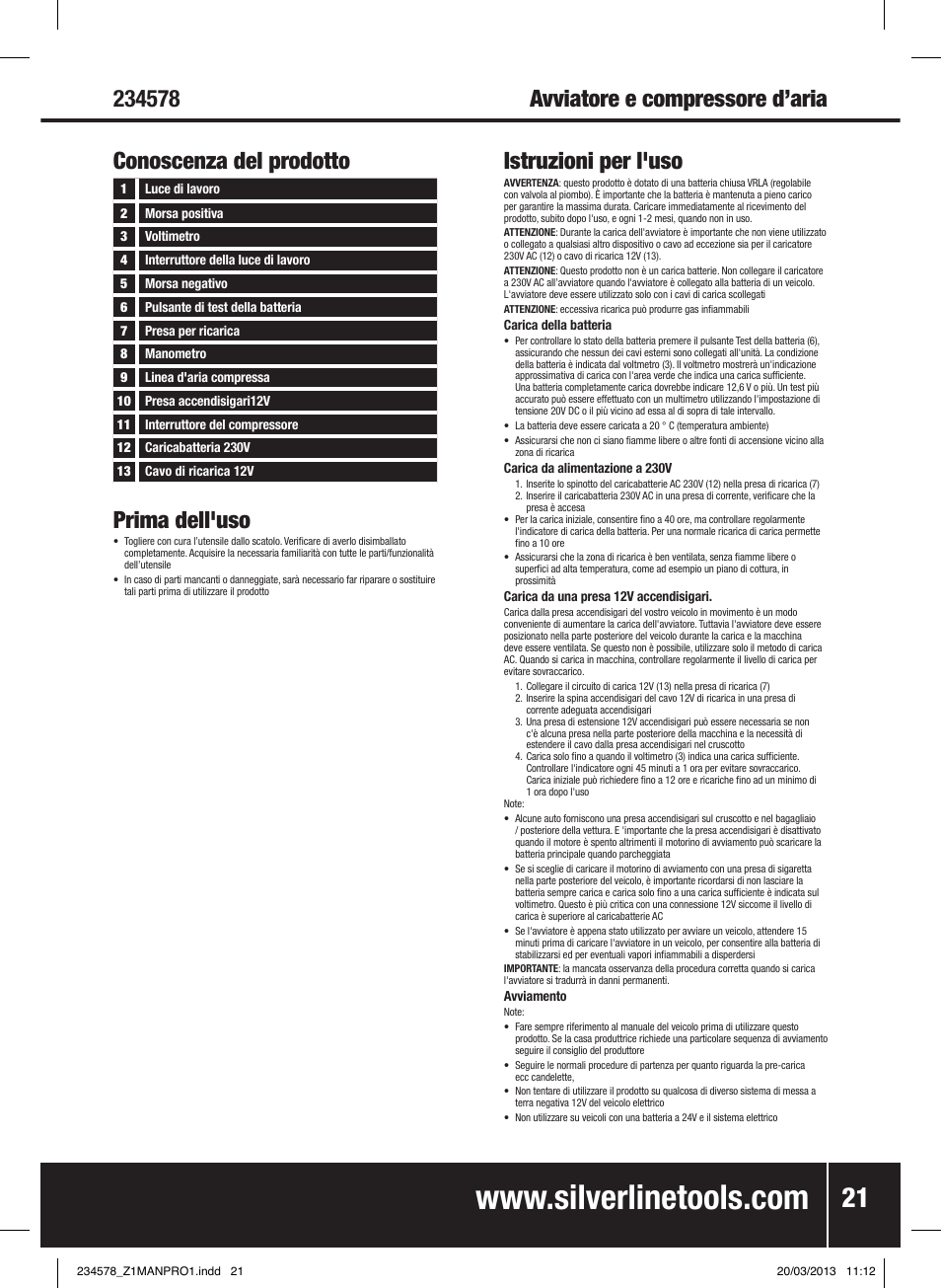 Prima dell'uso, Istruzioni per l'uso | Silverline Jump Starter & Air Compressor User Manual | Page 22 / 28