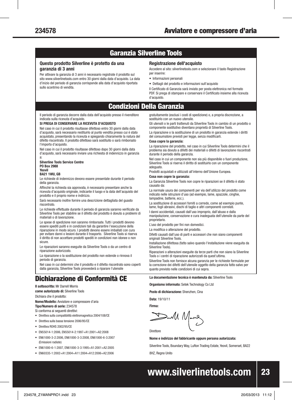 Dichiarazione di conformità ce | Silverline Jump Starter & Air Compressor User Manual | Page 24 / 28