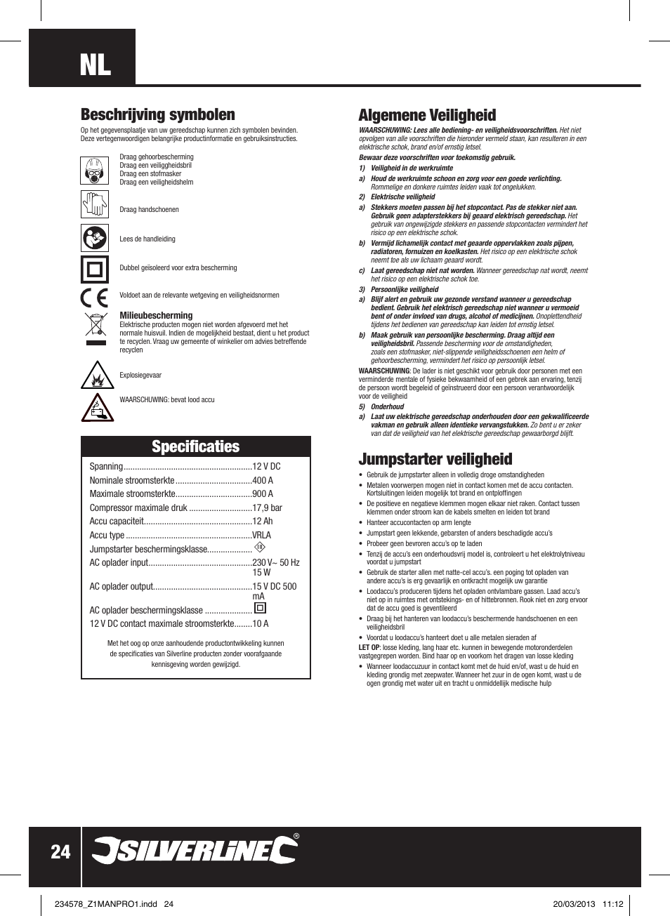 Algemene veiligheid, Jumpstarter veiligheid, Specificaties | Beschrijving symbolen | Silverline Jump Starter & Air Compressor User Manual | Page 25 / 28