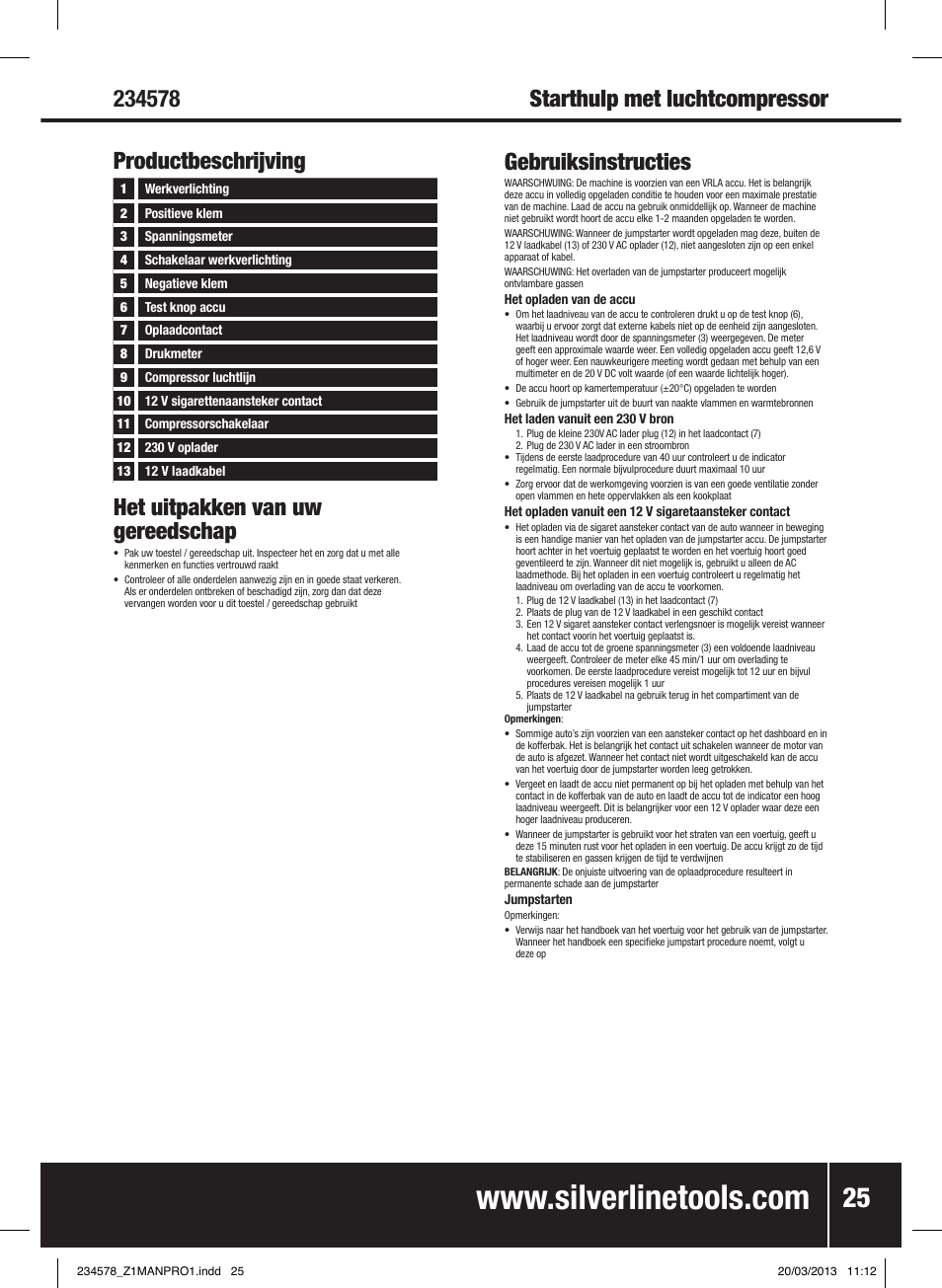 Het uitpakken van uw gereedschap, Gebruiksinstructies | Silverline Jump Starter & Air Compressor User Manual | Page 26 / 28