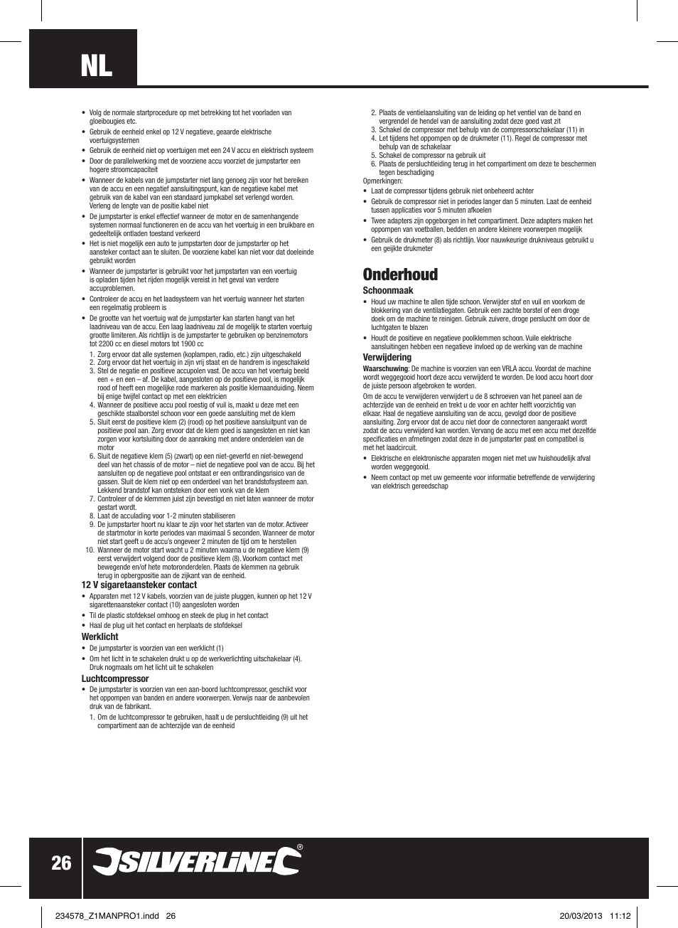 Onderhoud | Silverline Jump Starter & Air Compressor User Manual | Page 27 / 28