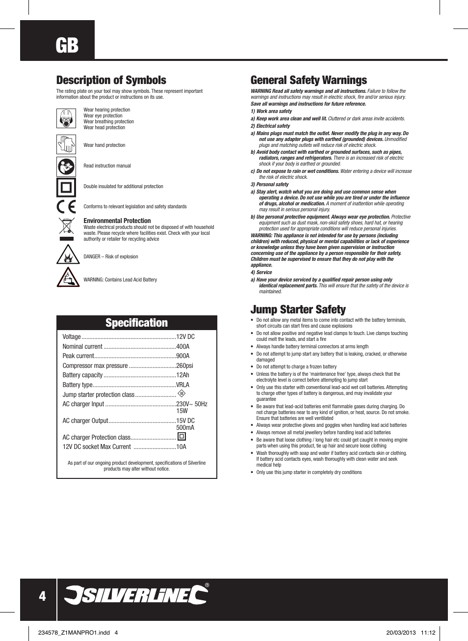 General safety warnings, Jump starter safety, Specification | Description of symbols | Silverline Jump Starter & Air Compressor User Manual | Page 5 / 28