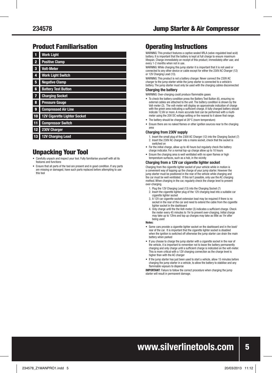 Product familiarisation unpacking your tool, Operating instructions | Silverline Jump Starter & Air Compressor User Manual | Page 6 / 28