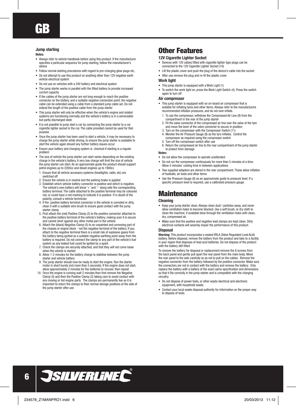 Other features, Maintenance | Silverline Jump Starter & Air Compressor User Manual | Page 7 / 28