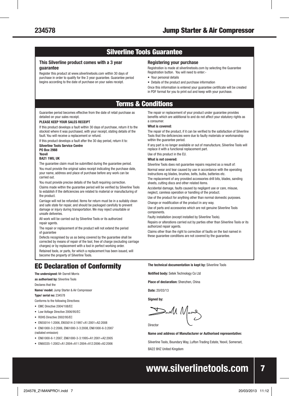 Ec declaration of conformity | Silverline Jump Starter & Air Compressor User Manual | Page 8 / 28
