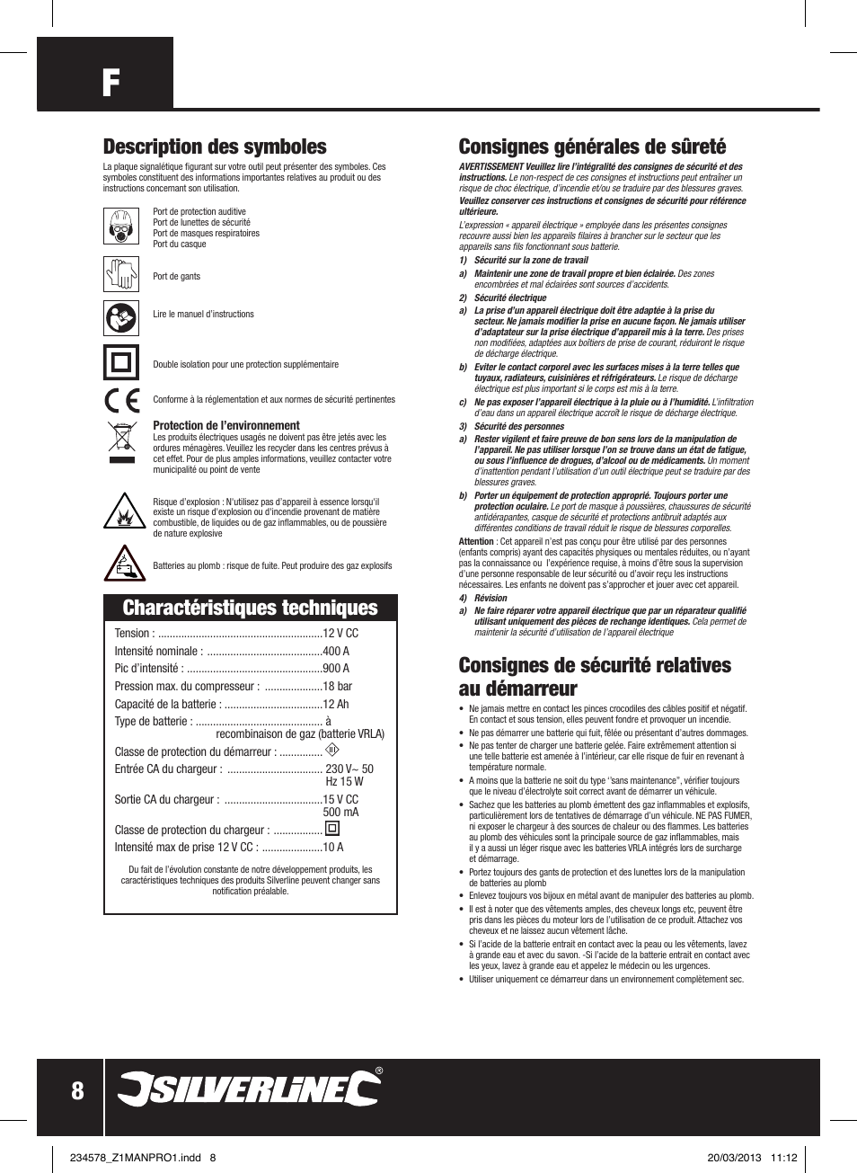 Consignes générales de sûreté, Consignes de sécurité relatives au démarreur, Charactéristiques techniques | Description des symboles | Silverline Jump Starter & Air Compressor User Manual | Page 9 / 28