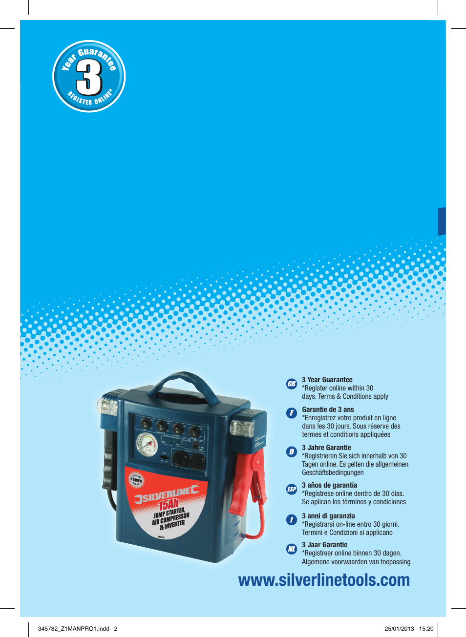 Silverline Jump Starter Air Compressor & Inverter User Manual | 40 pages