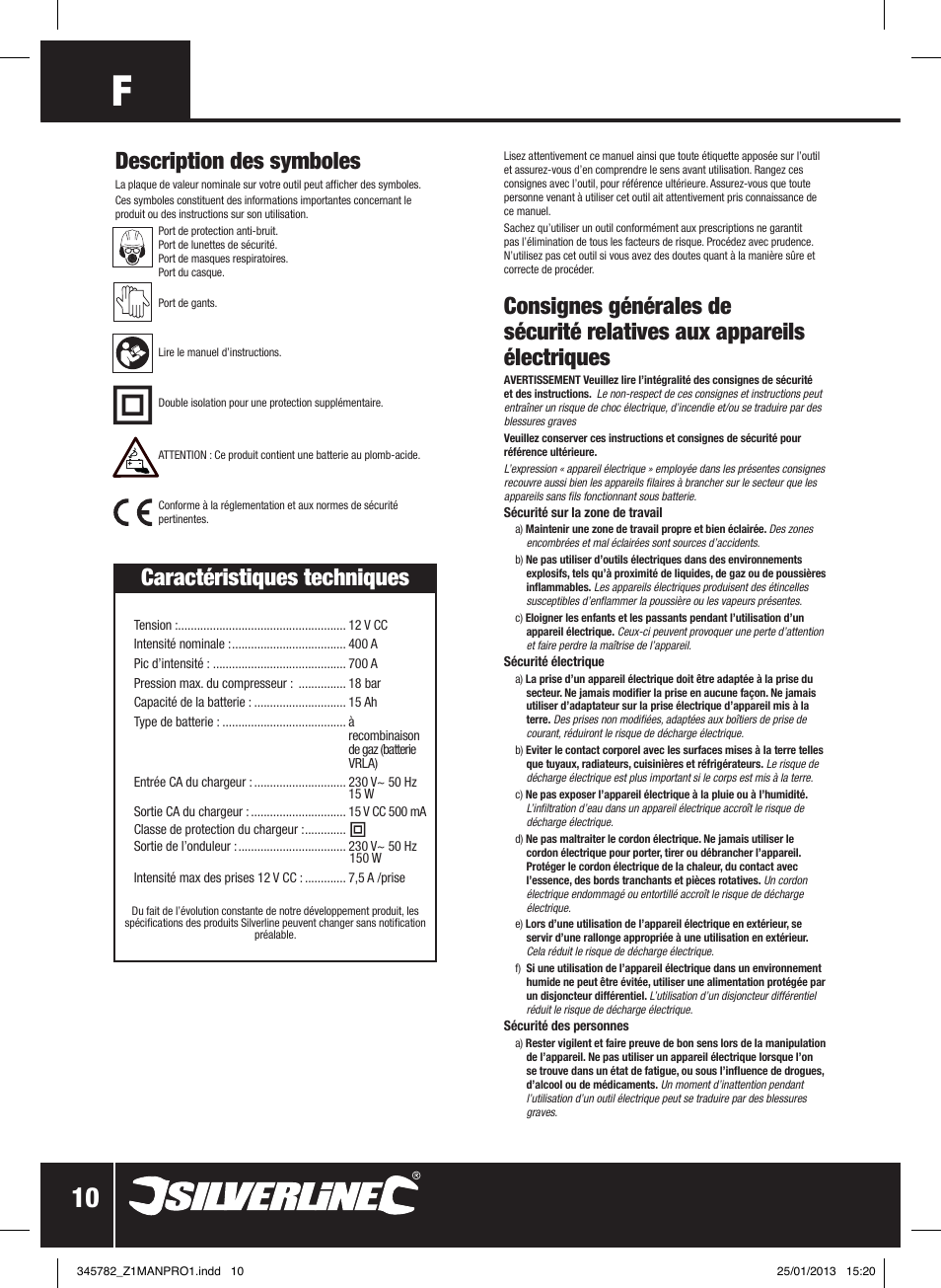 Description des symboles, Caractéristiques techniques | Silverline Jump Starter Air Compressor & Inverter User Manual | Page 11 / 40