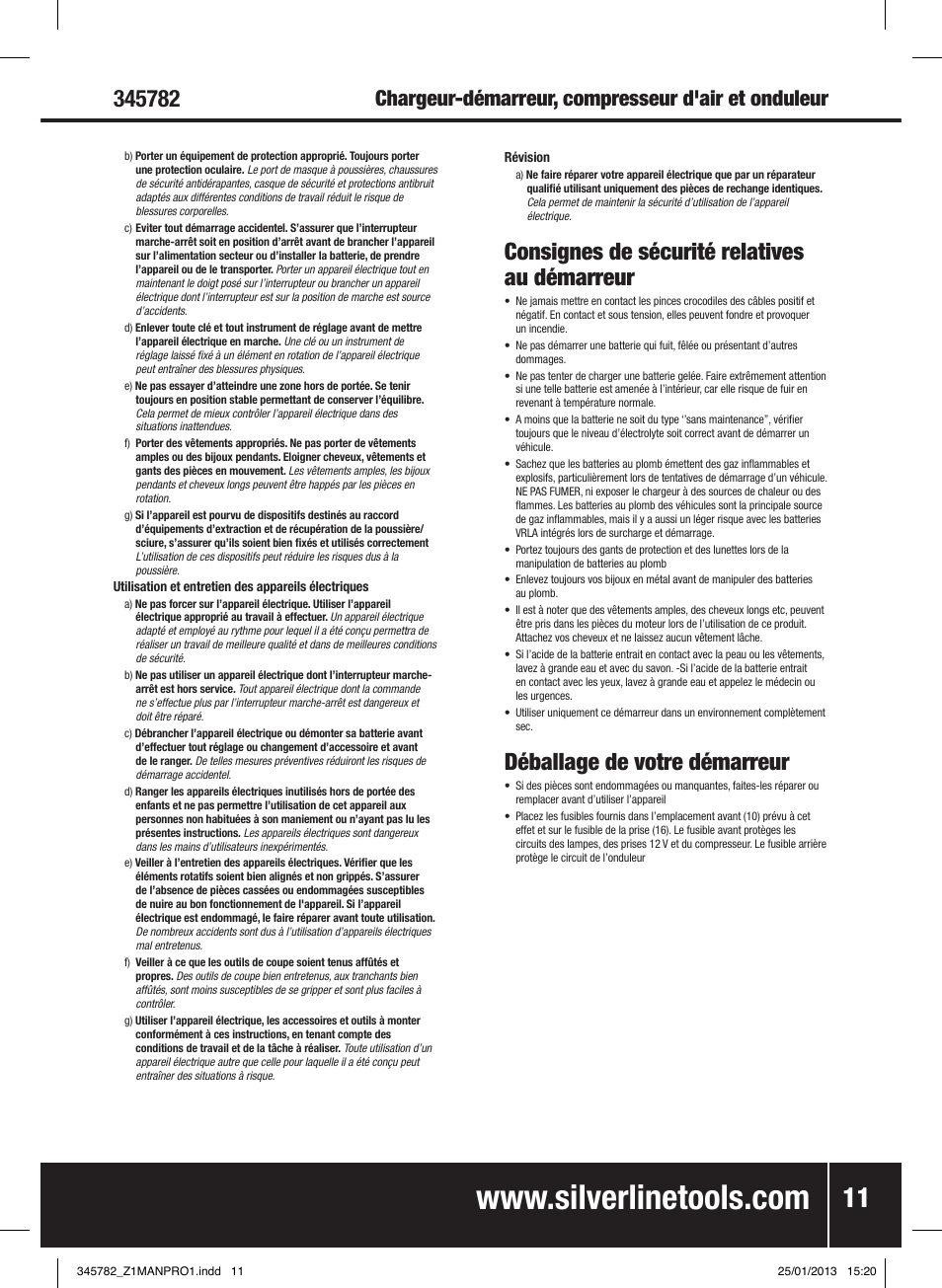 Consignes de sécurité relatives au démarreur, Déballage de votre démarreur, Chargeur-démarreur, compresseur d'air et onduleur | Silverline Jump Starter Air Compressor & Inverter User Manual | Page 12 / 40
