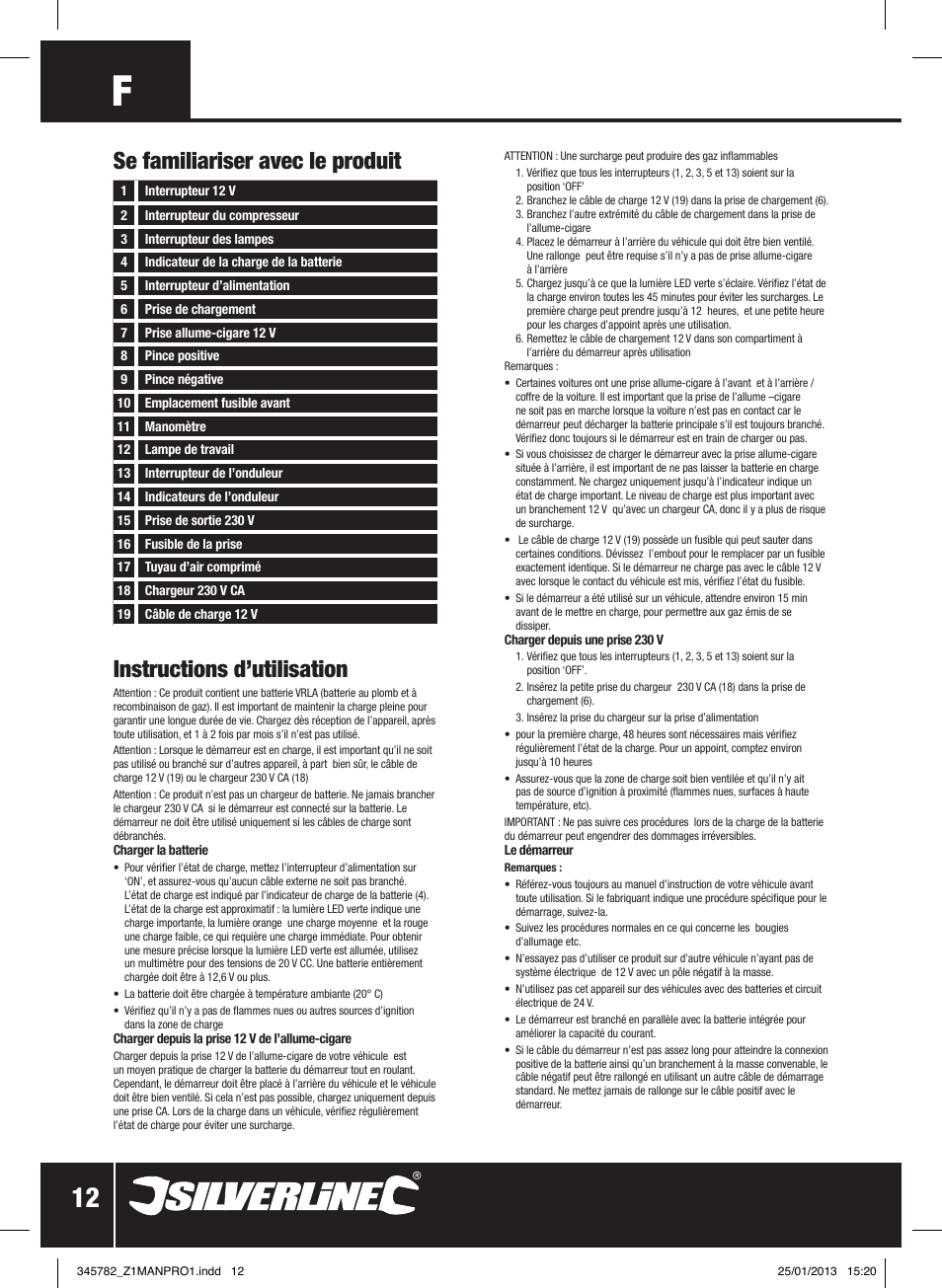 Instructions d’utilisation, Se familiariser avec le produit | Silverline Jump Starter Air Compressor & Inverter User Manual | Page 13 / 40