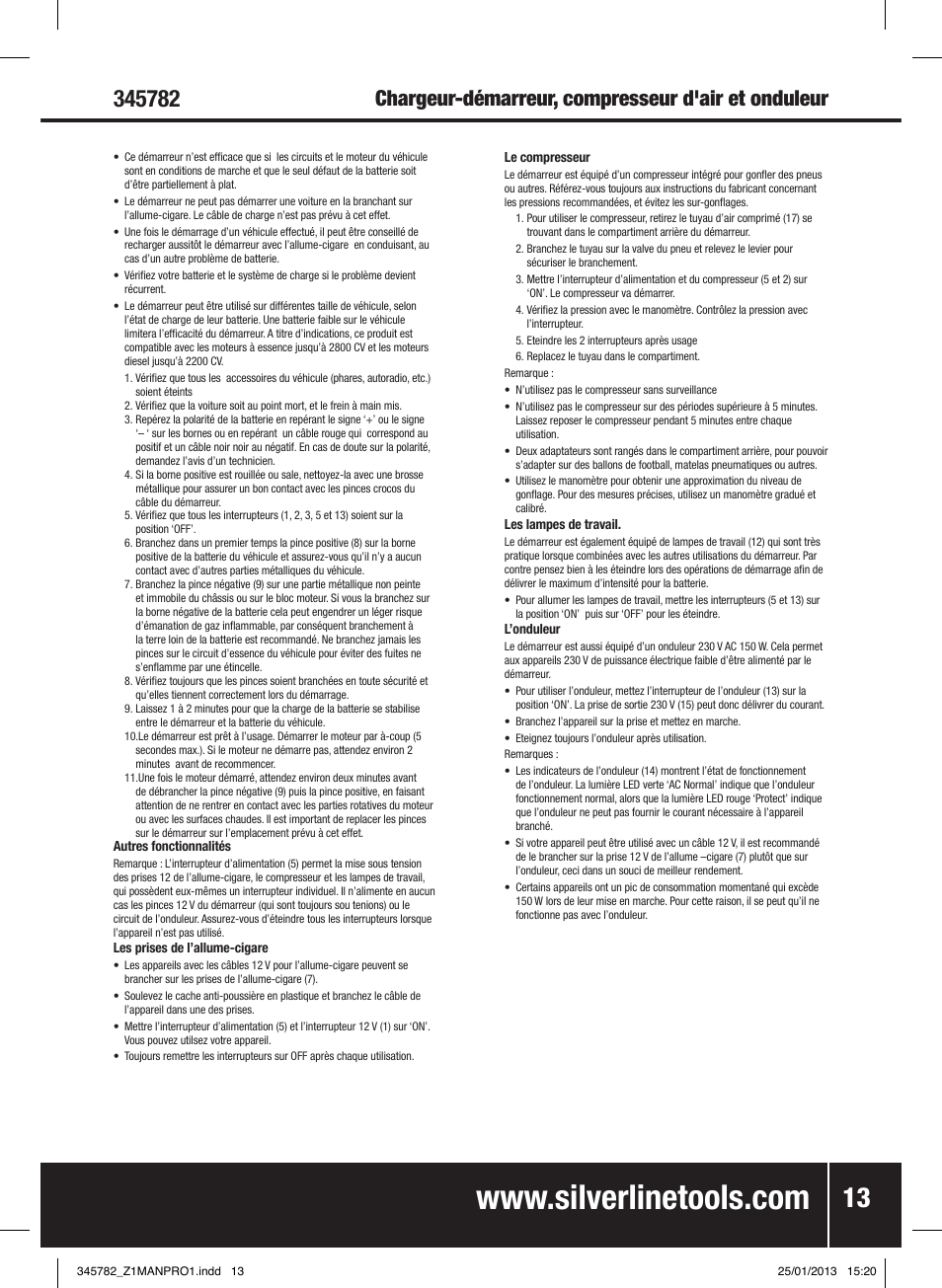 Chargeur-démarreur, compresseur d'air et onduleur | Silverline Jump Starter Air Compressor & Inverter User Manual | Page 14 / 40