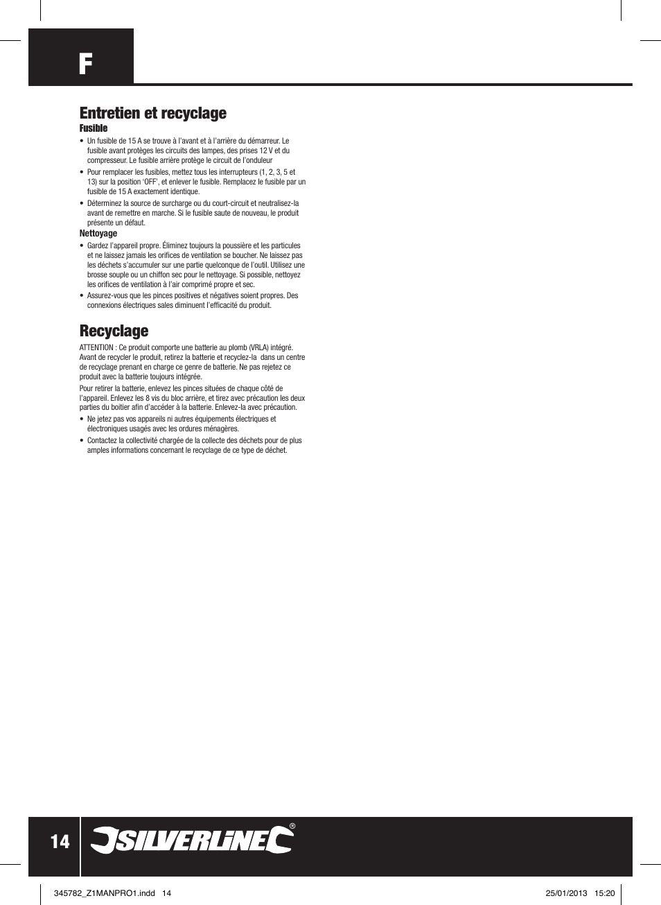 Entretien et recyclage, Recyclage | Silverline Jump Starter Air Compressor & Inverter User Manual | Page 15 / 40