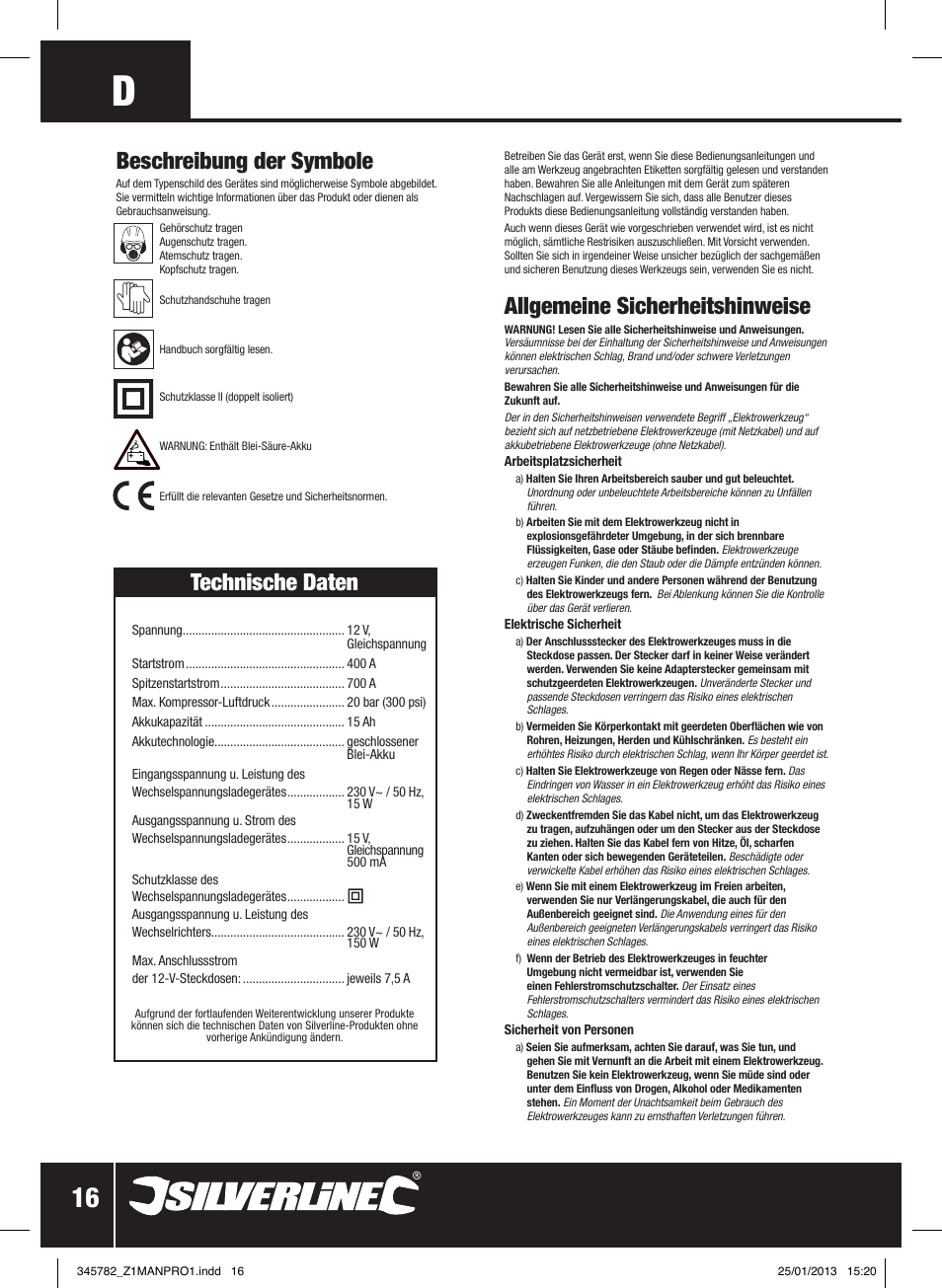 Allgemeine sicherheitshinweise, Beschreibung der symbole, Technische daten | Silverline Jump Starter Air Compressor & Inverter User Manual | Page 17 / 40