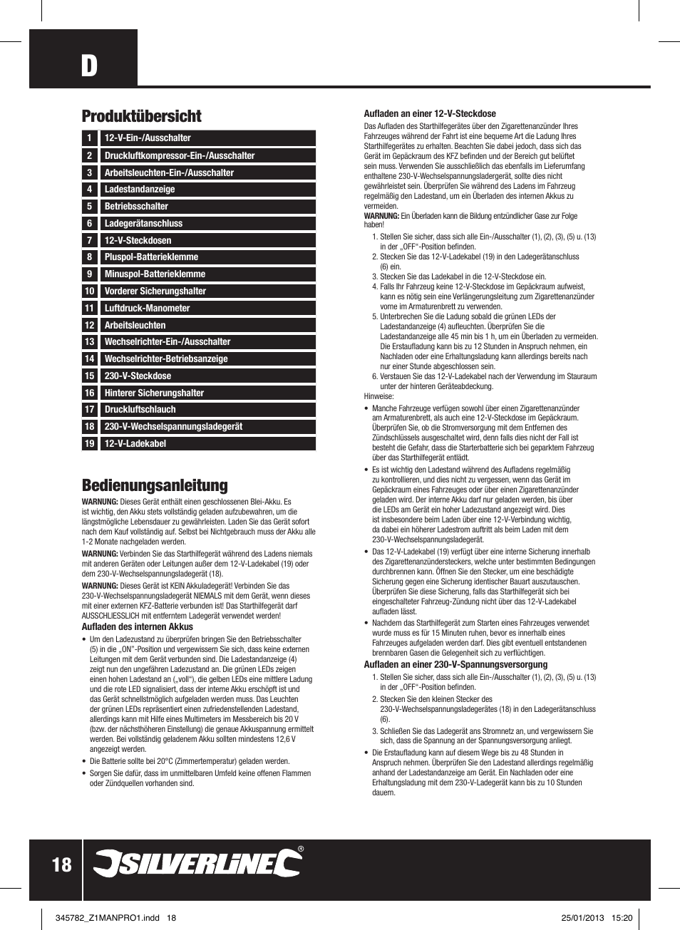 Bedienungsanleitung, Produktübersicht | Silverline Jump Starter Air Compressor & Inverter User Manual | Page 19 / 40