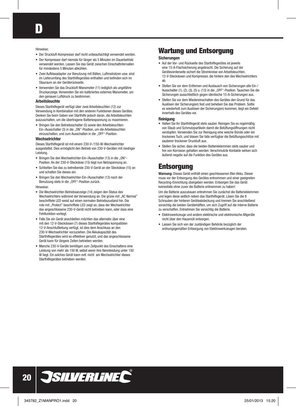 Wartung und entsorgung, Entsorgung | Silverline Jump Starter Air Compressor & Inverter User Manual | Page 21 / 40