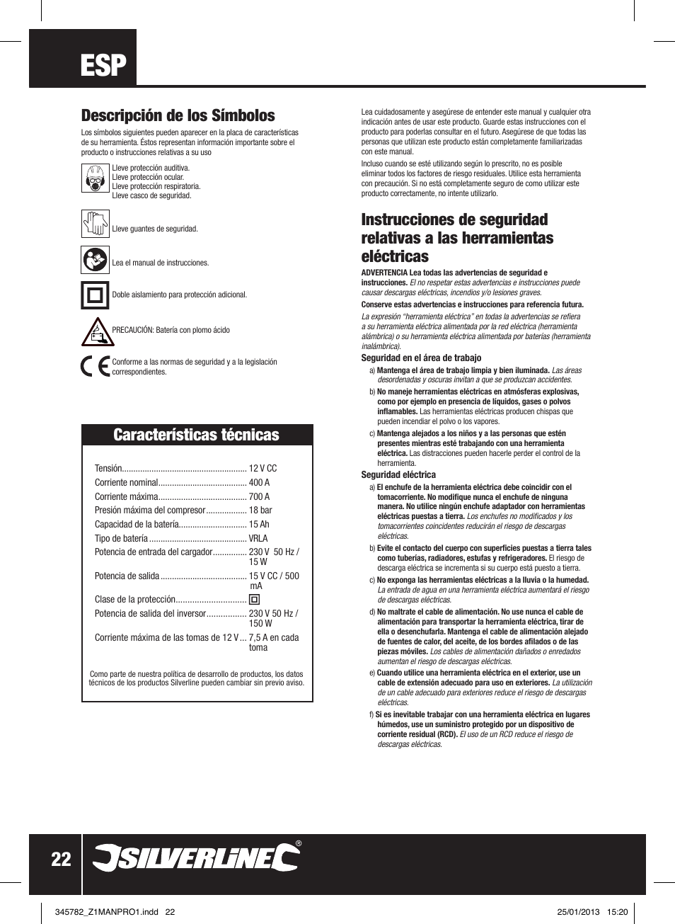 Descripción de los símbolos, Características técnicas | Silverline Jump Starter Air Compressor & Inverter User Manual | Page 23 / 40