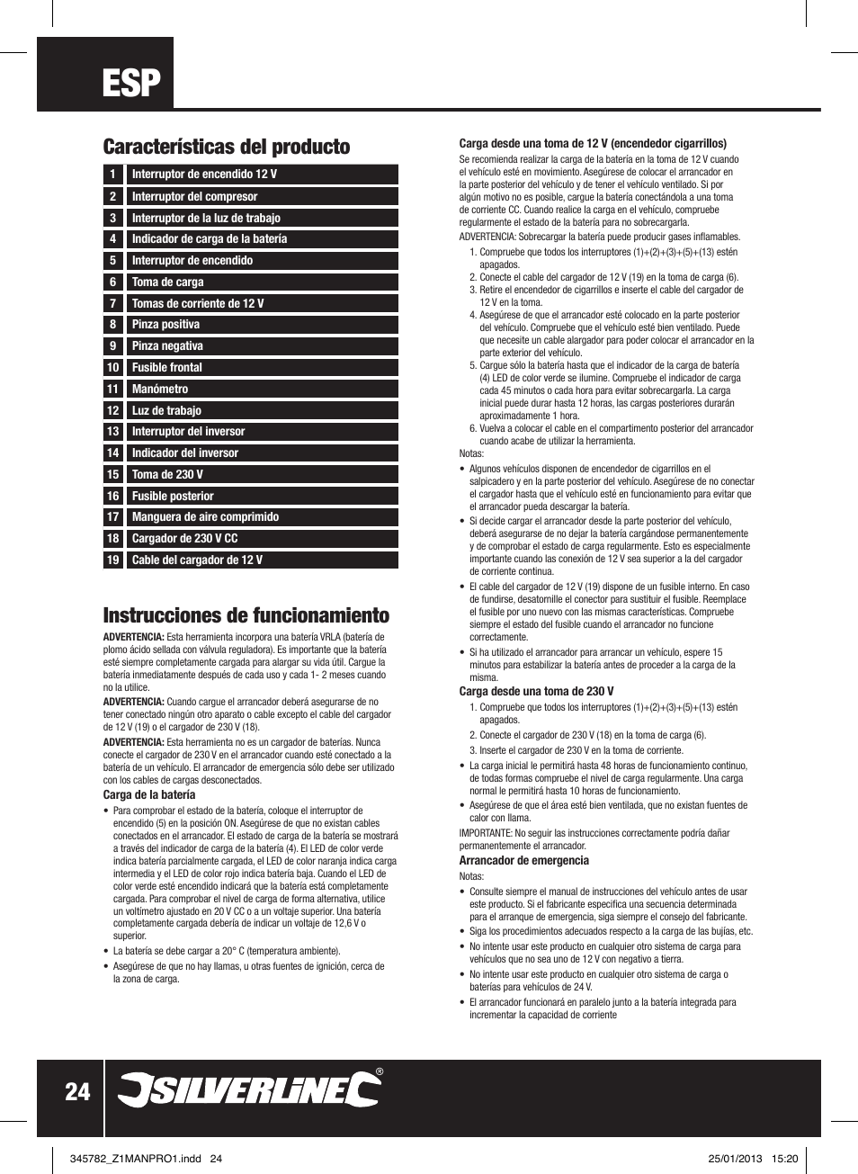 Instrucciones de funcionamiento, Características del producto | Silverline Jump Starter Air Compressor & Inverter User Manual | Page 25 / 40