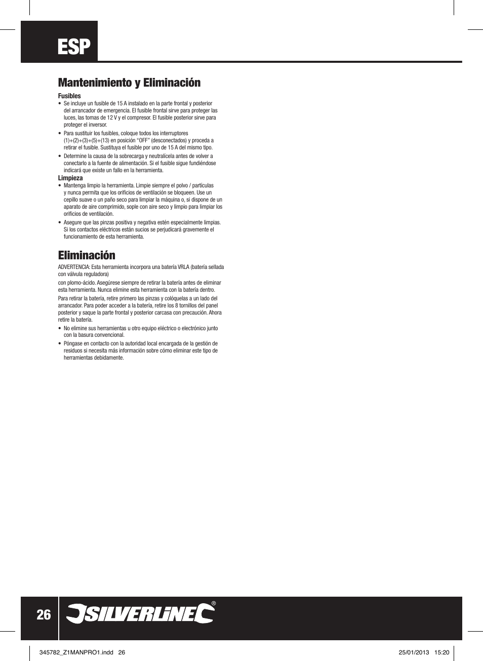 Mantenimiento y eliminación, Eliminación | Silverline Jump Starter Air Compressor & Inverter User Manual | Page 27 / 40