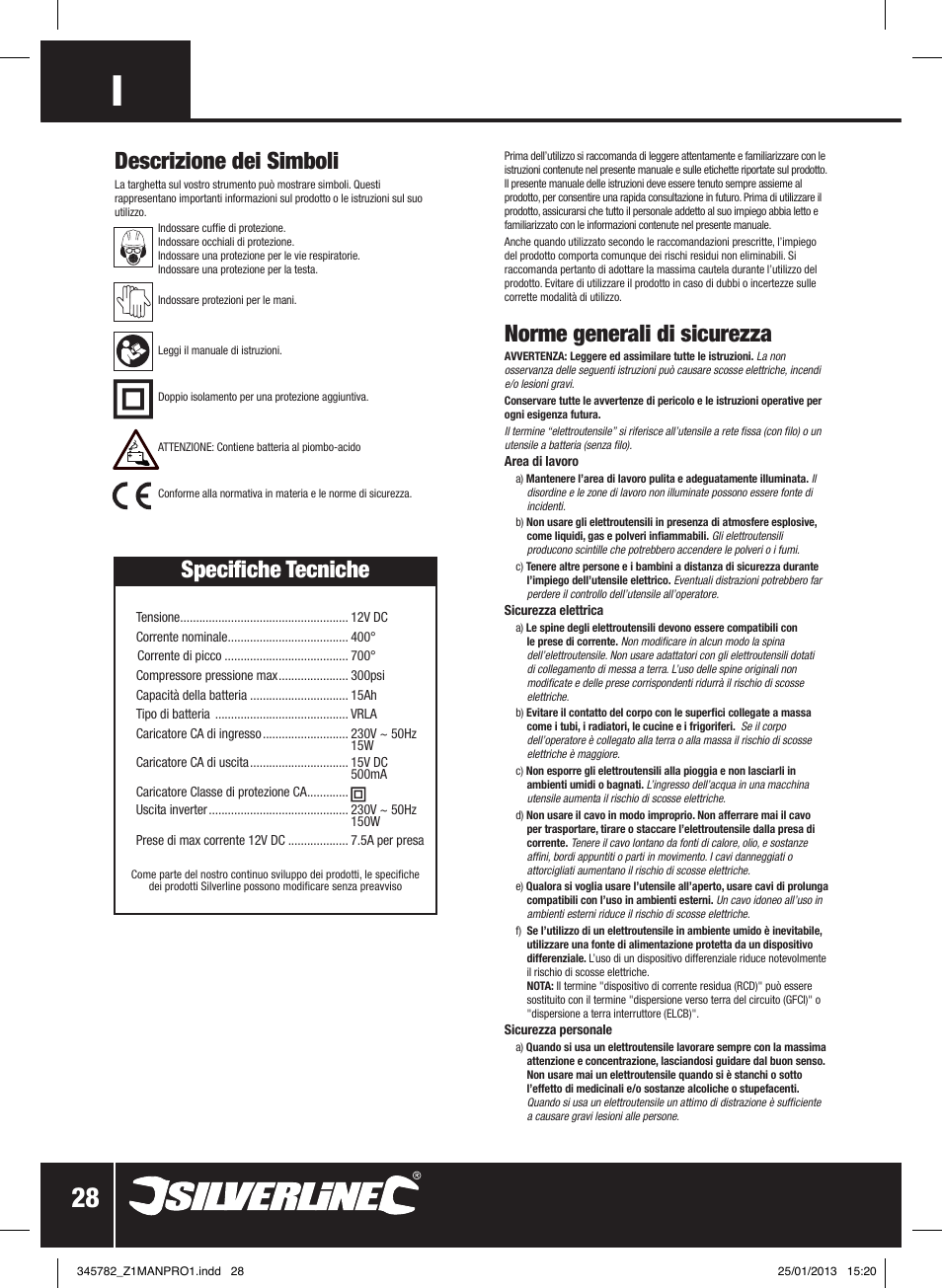 Norme generali di sicurezza, Descrizione dei simboli, Specifiche tecniche | Silverline Jump Starter Air Compressor & Inverter User Manual | Page 29 / 40