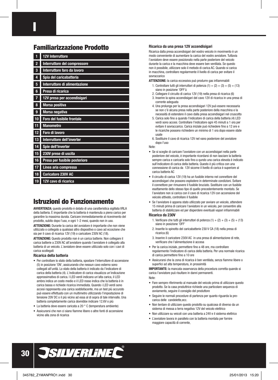 Istruzioni do funzionamento, Familiarizzazione prodotto | Silverline Jump Starter Air Compressor & Inverter User Manual | Page 31 / 40