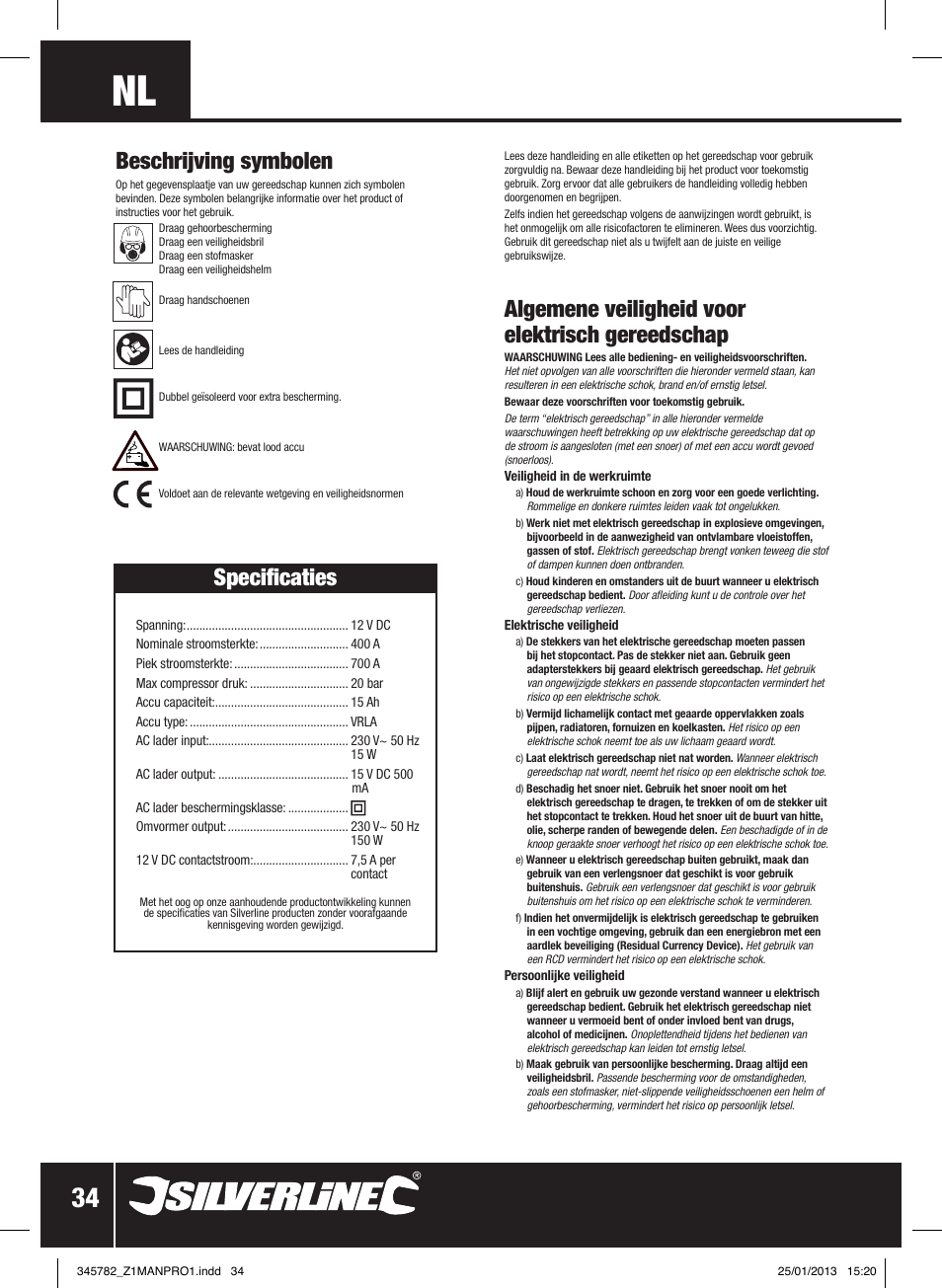 Algemene veiligheid voor elektrisch gereedschap, Beschrijving symbolen, Specificaties | Silverline Jump Starter Air Compressor & Inverter User Manual | Page 35 / 40
