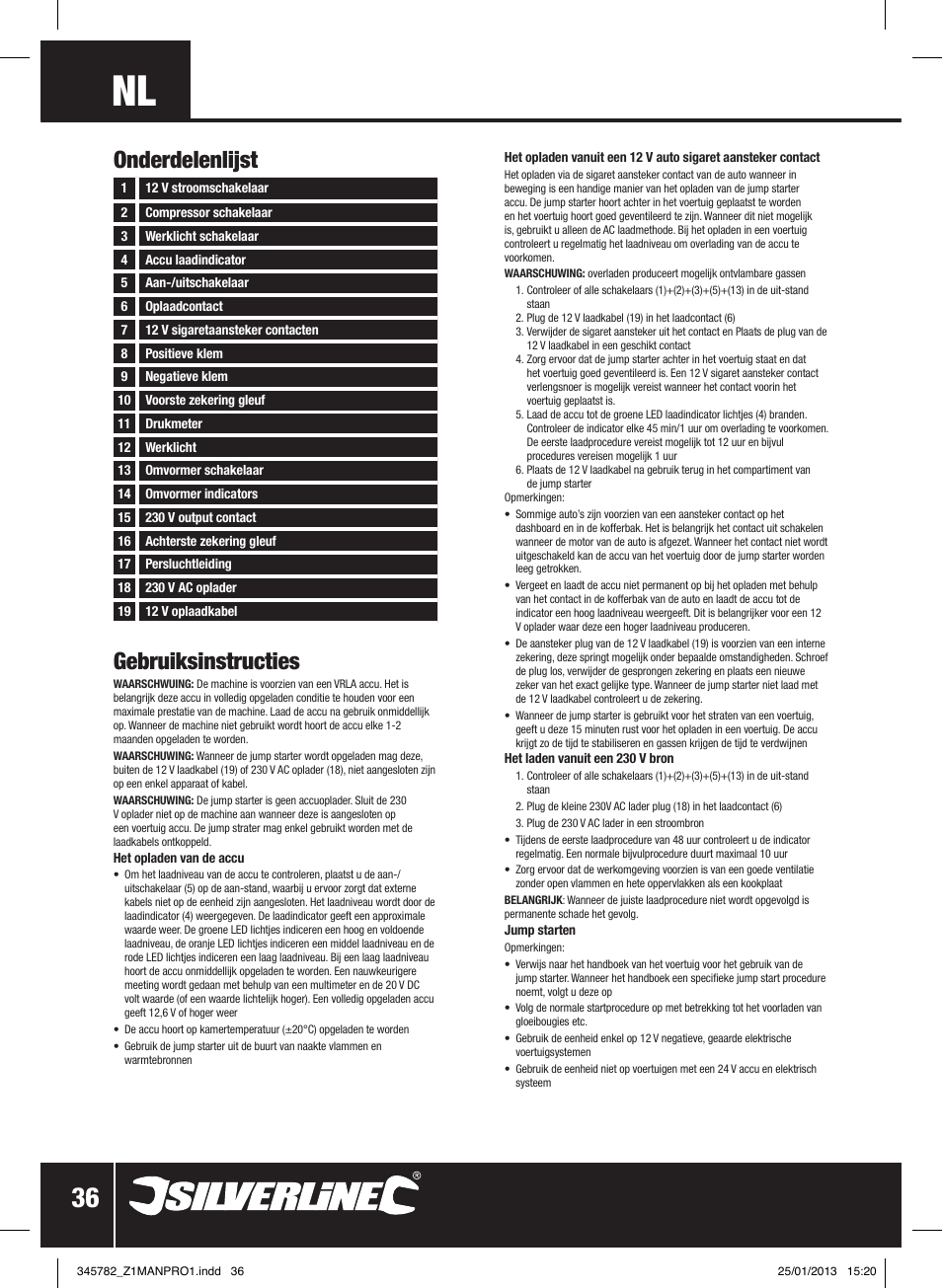 Gebruiksinstructies, Onderdelenlijst | Silverline Jump Starter Air Compressor & Inverter User Manual | Page 37 / 40