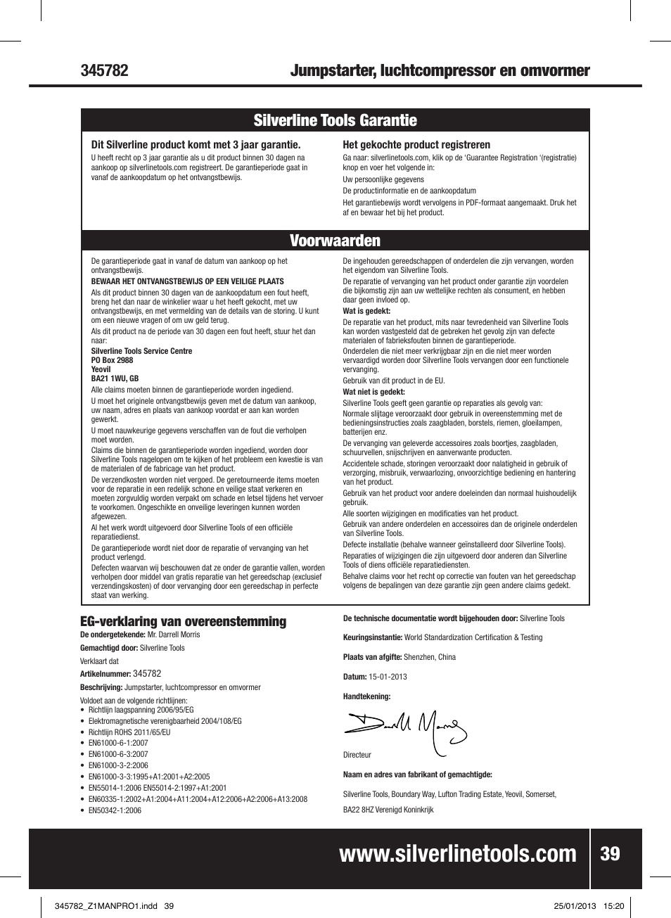 Voorwaarden silverline tools garantie, Eg-verklaring van overeenstemming | Silverline Jump Starter Air Compressor & Inverter User Manual | Page 40 / 40