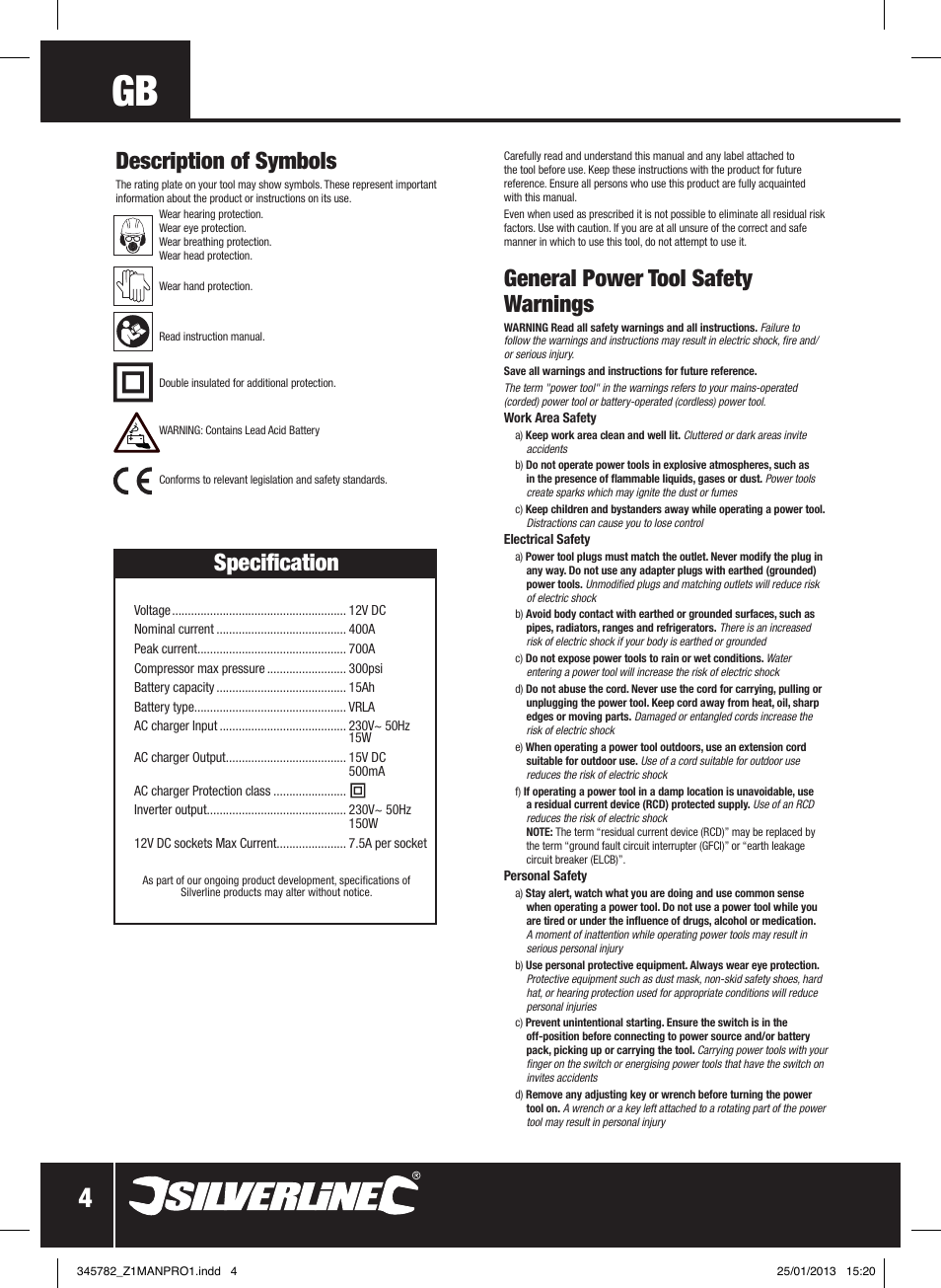 General power tool safety warnings, Description of symbols, Specification | Silverline Jump Starter Air Compressor & Inverter User Manual | Page 5 / 40