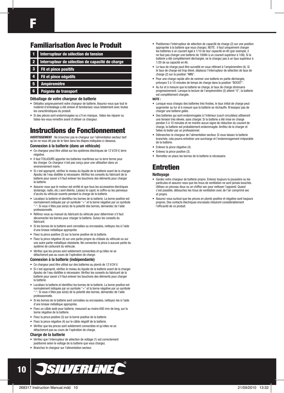 Instructions de fonctionnement, Entretien, Familiarisation avec le produit | Silverline Battery Charger 12/24V User Manual | Page 11 / 28