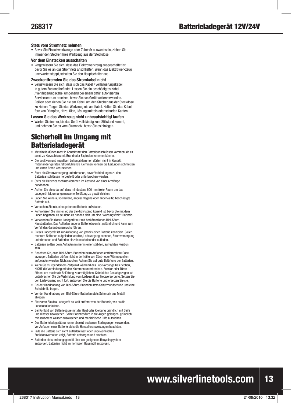 Sicherheit im umgang mit batterieladegerät | Silverline Battery Charger 12/24V User Manual | Page 14 / 28