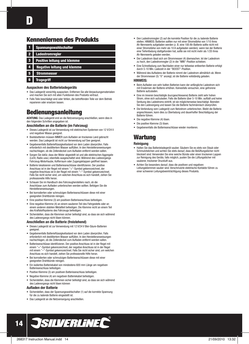 Wartung, Bedienungsanleitung, Kennenlernen des produkts | Silverline Battery Charger 12/24V User Manual | Page 15 / 28