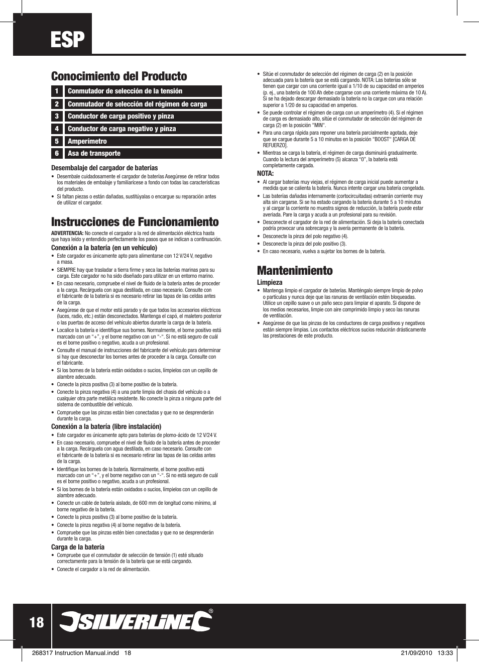 Instrucciones de funcionamiento, Mantenimiento, Conocimiento del producto | Silverline Battery Charger 12/24V User Manual | Page 19 / 28
