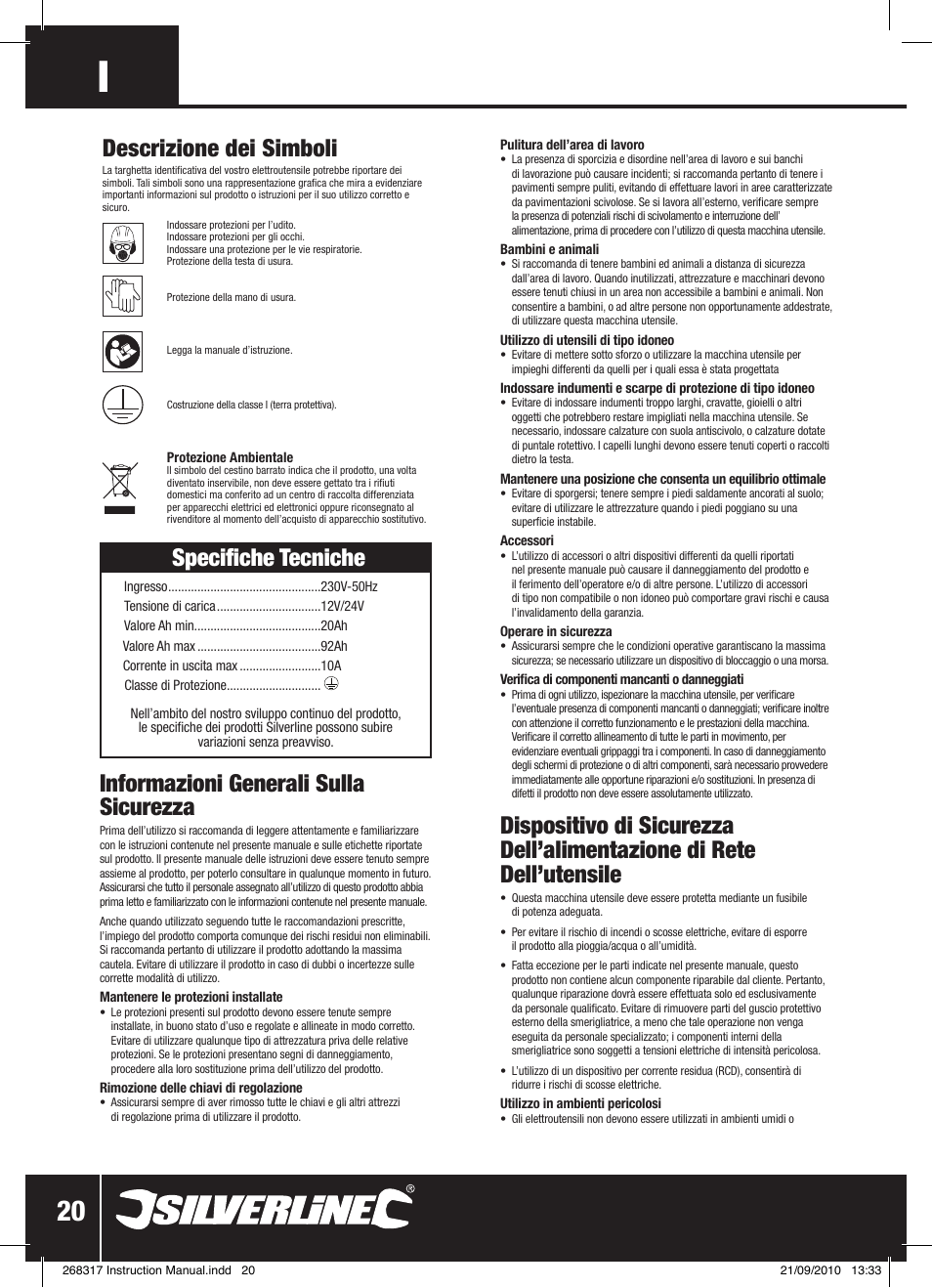 Specifiche tecniche, Informazioni generali sulla sicurezza, Descrizione dei simboli | Silverline Battery Charger 12/24V User Manual | Page 21 / 28