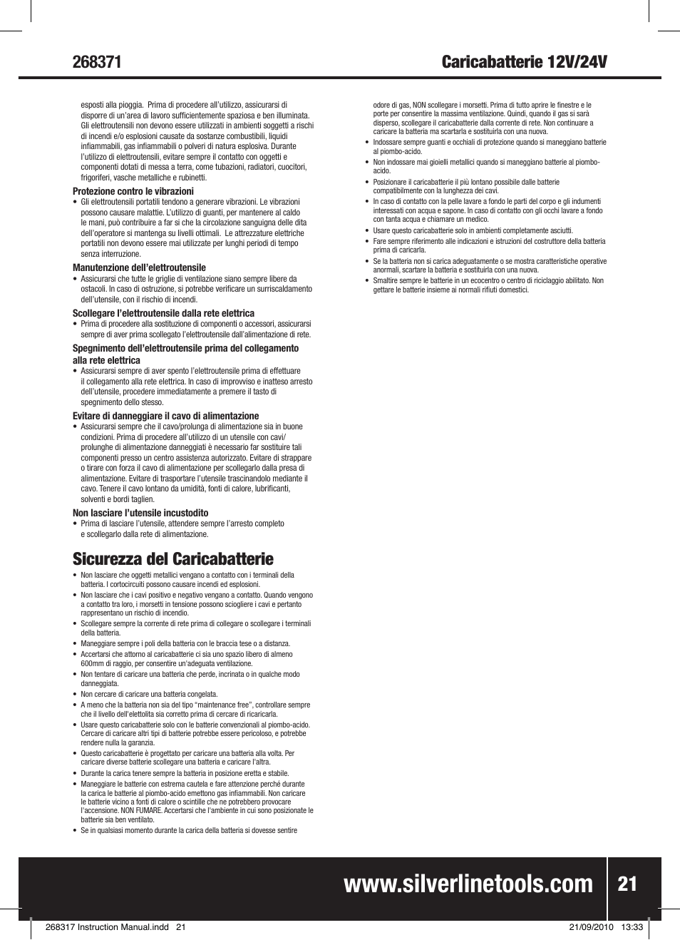 Sicurezza del caricabatterie | Silverline Battery Charger 12/24V User Manual | Page 22 / 28