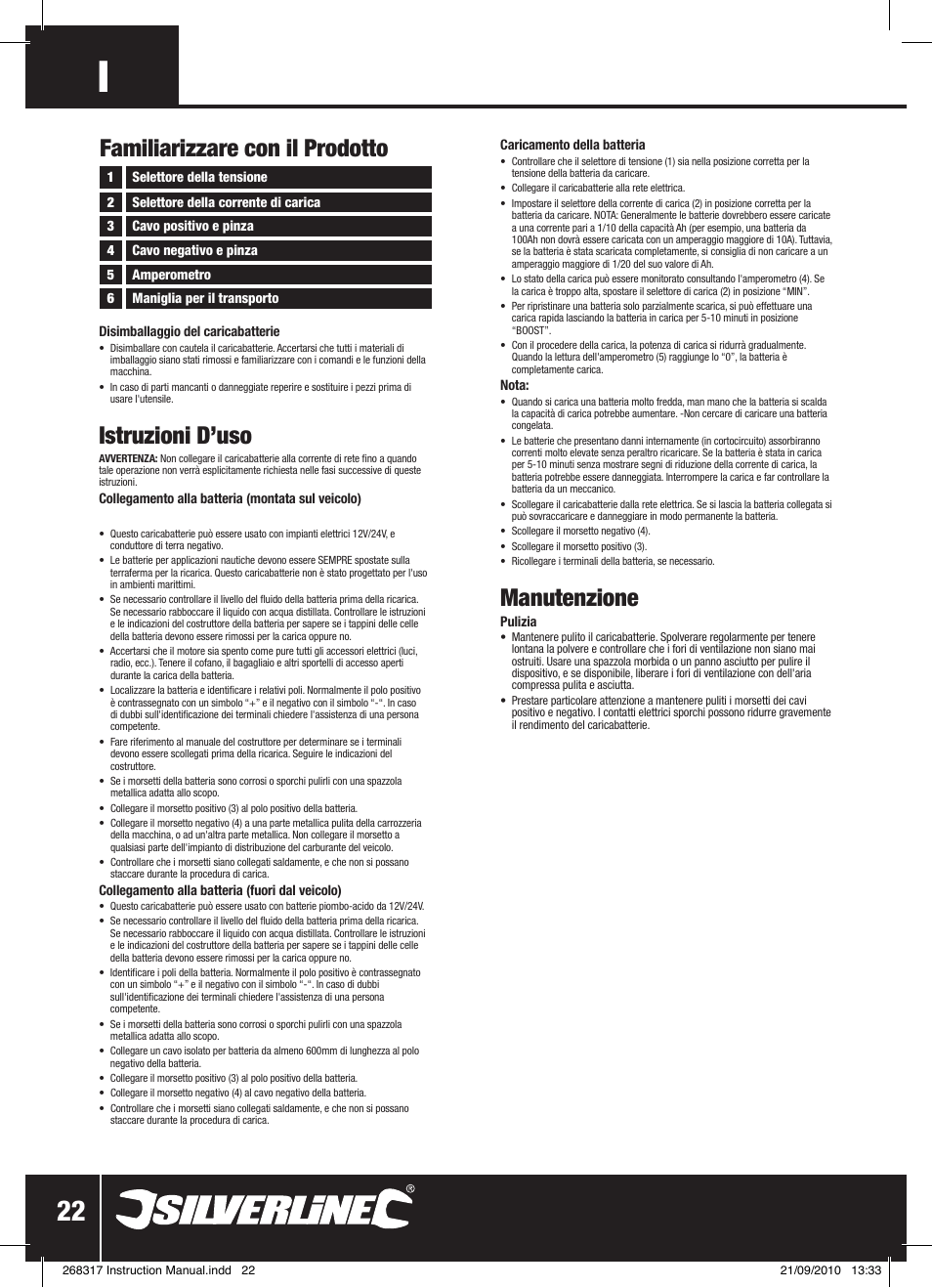 Istruzioni d’uso, Manutenzione, Familiarizzare con il prodotto | Silverline Battery Charger 12/24V User Manual | Page 23 / 28