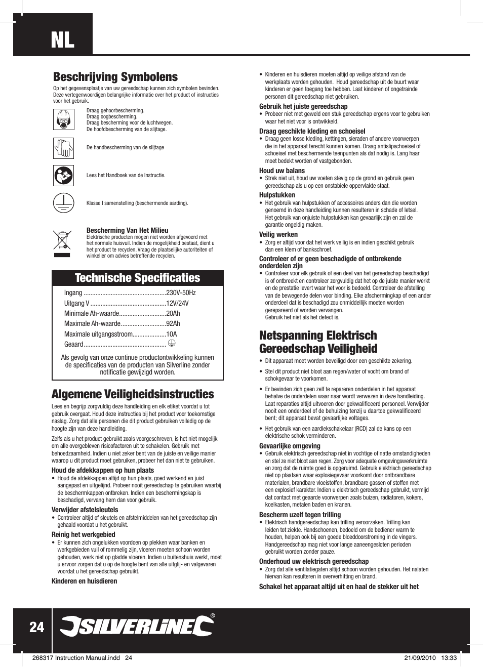 Technische specificaties, Algemene veiligheidsinstructies, Netspanning elektrisch gereedschap veiligheid | Beschrijving symbolens | Silverline Battery Charger 12/24V User Manual | Page 25 / 28