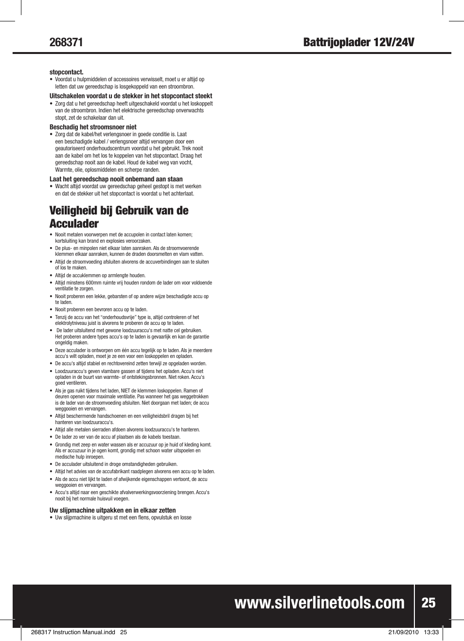 Veiligheid bij gebruik van de acculader | Silverline Battery Charger 12/24V User Manual | Page 26 / 28