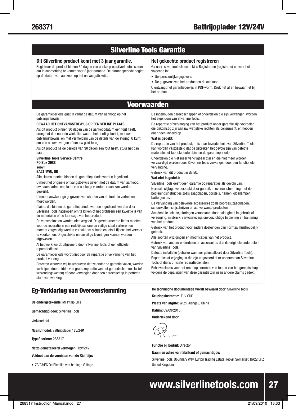 Voorwaarden silverline tools garantie, Eg-verklaring van overeenstemming | Silverline Battery Charger 12/24V User Manual | Page 28 / 28